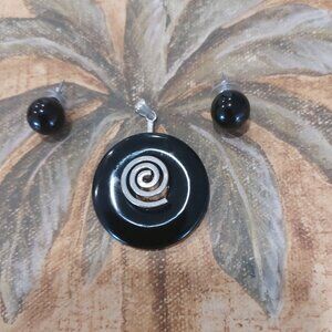 Black Obsidian Stone Donut Pendant w/Spiral Holder & Ball Post Back Earrings